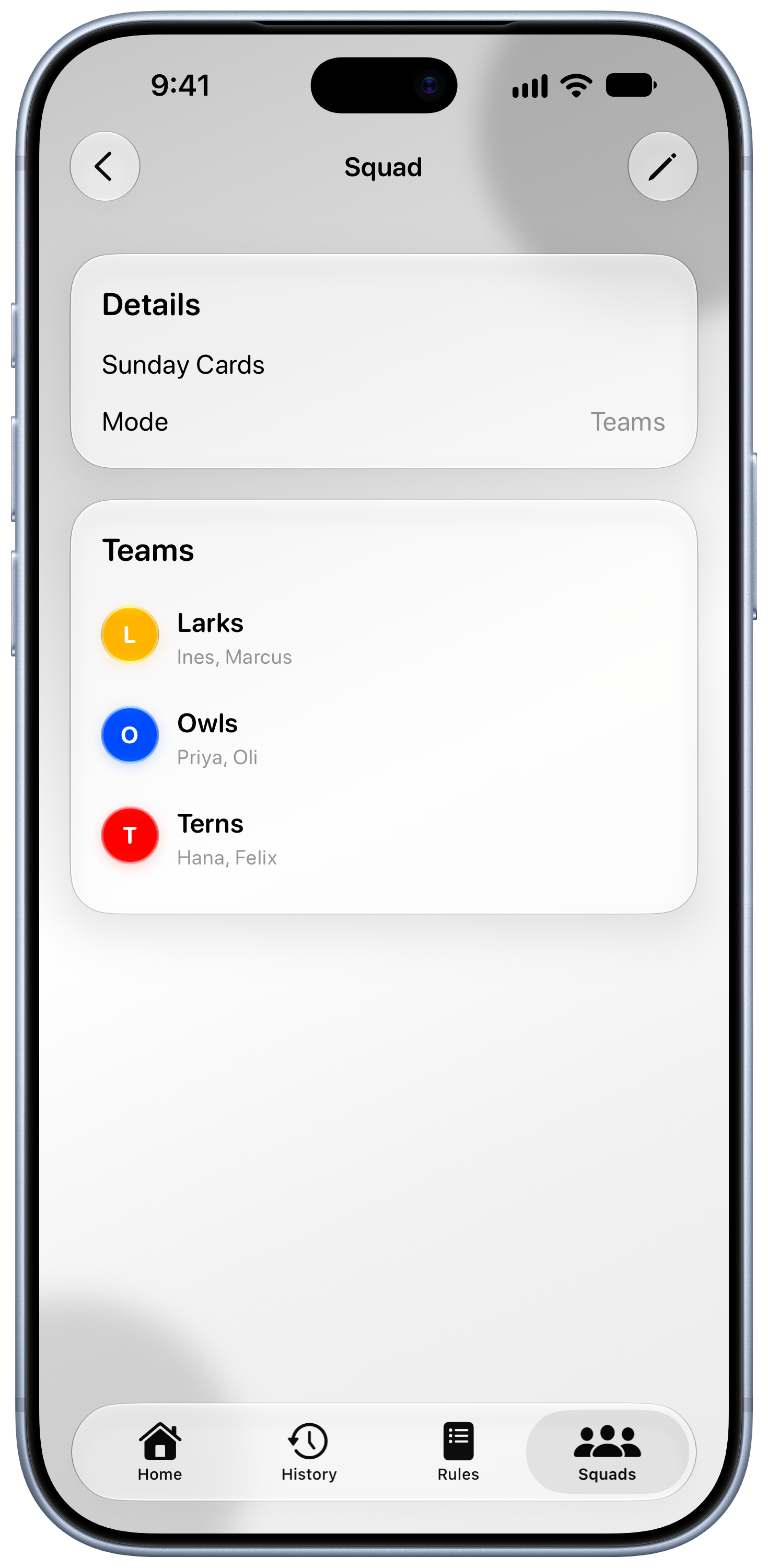 House Rules on iPhone 18 Pro Max showing Your Squad in the Grey tint, light appearance.