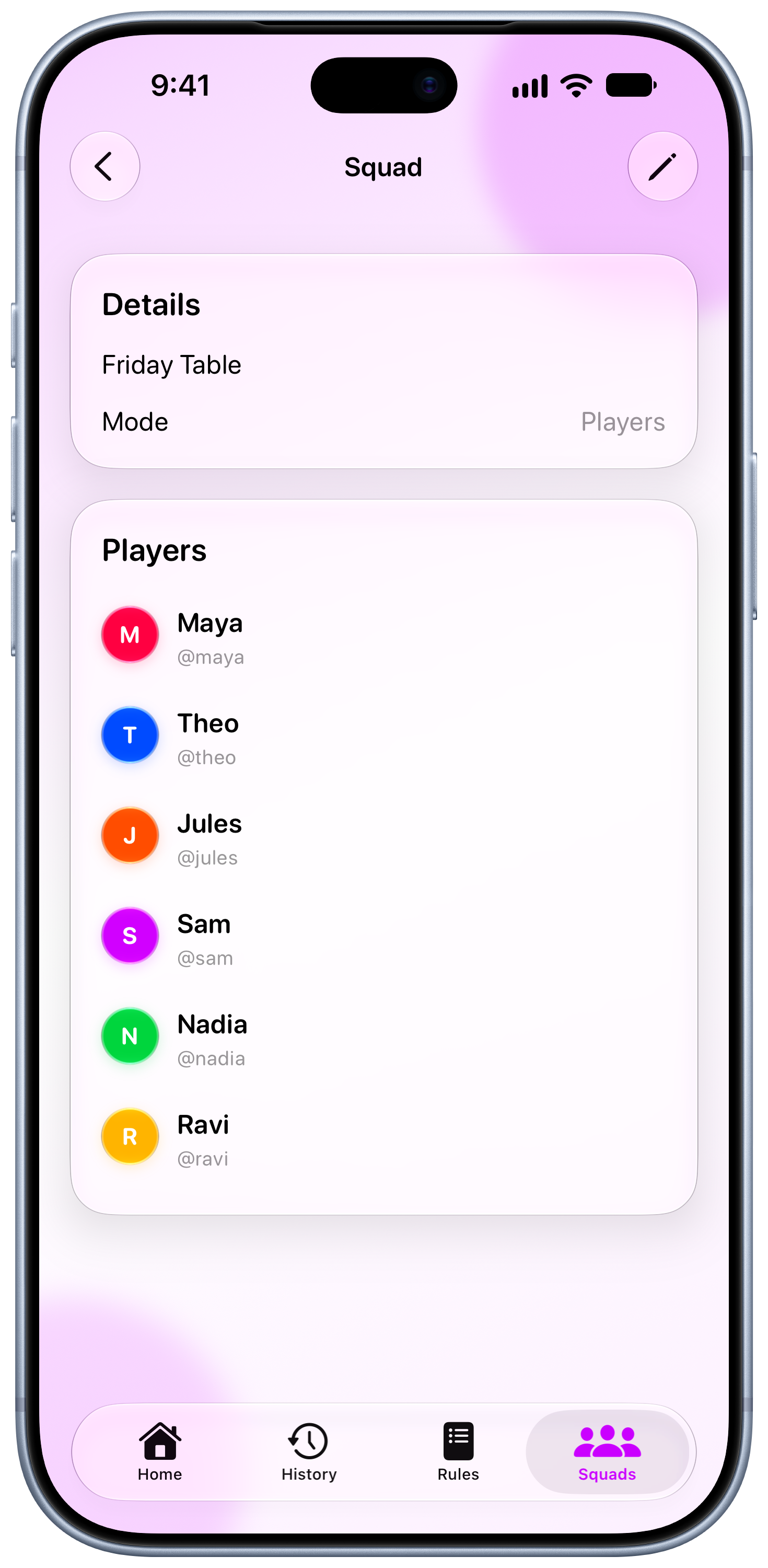 House Rules on iPhone 18 Pro Max showing Your Squad in the Purple tint, light appearance.