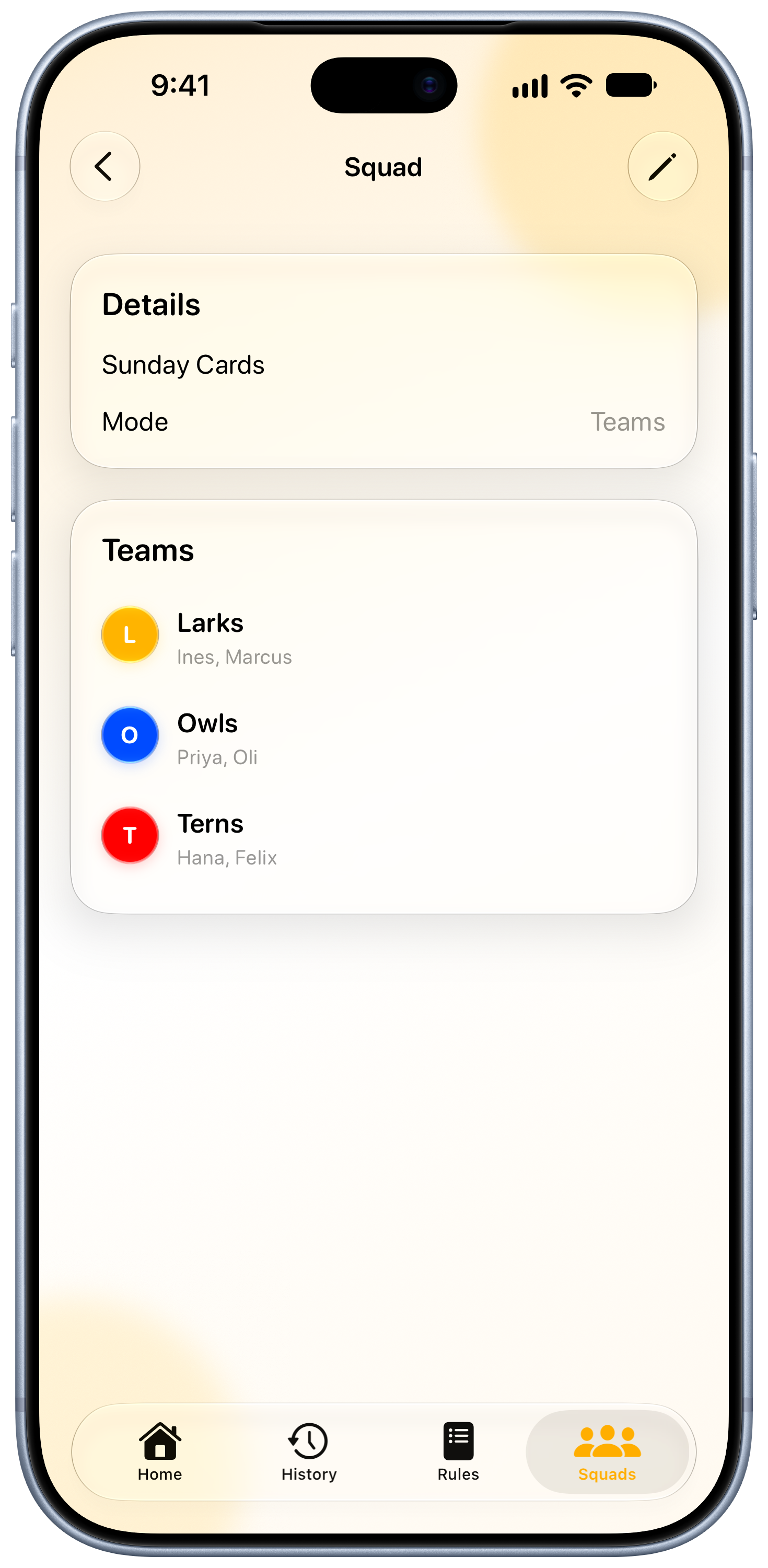 House Rules on iPhone 18 Pro Max showing Your Squad in the Yellow tint, light appearance.