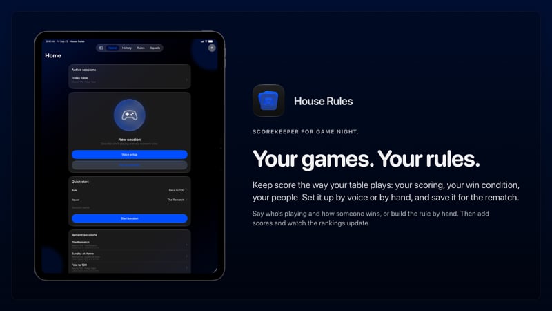 The House Rules share image, showing the app on iPad Pro 13-inch with its icon, name and headline for the Friday Table session, in the Blue tint, dark appearance.