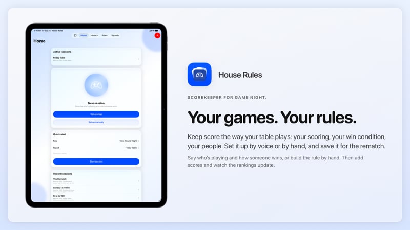 The House Rules share image, showing the app on iPad Pro 13-inch with its icon, name and headline for the Friday Table session, in the Blue tint, light appearance.