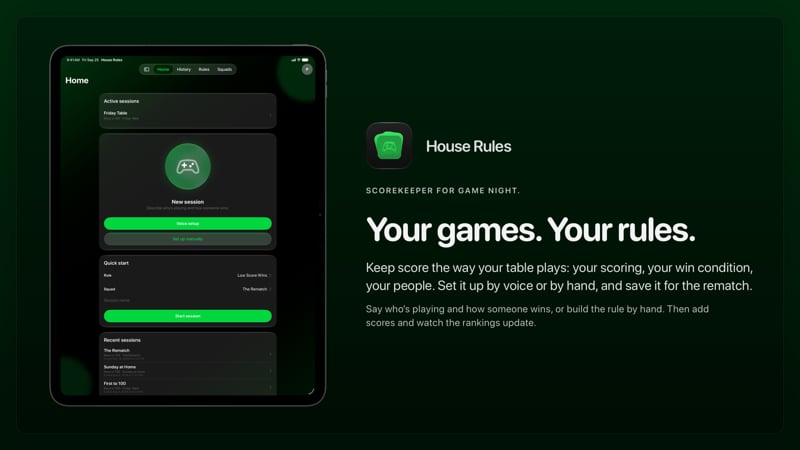 The House Rules share image, showing the app on iPad Pro 13-inch with its icon, name and headline for the Friday Table session, in the Green tint, dark appearance.