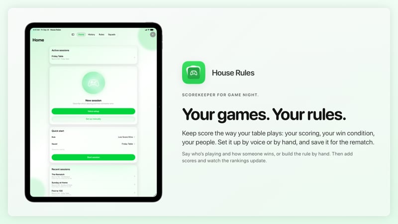 The House Rules share image, showing the app on iPad Pro 13-inch with its icon, name and headline for the Friday Table session, in the Green tint, light appearance.