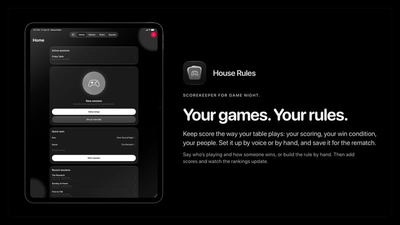 The House Rules share image, showing the app on iPad Pro 13-inch with its icon, name and headline for the Friday Table session, in the Grey tint, dark appearance.