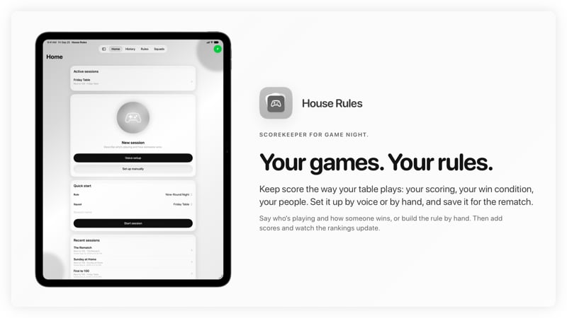 The House Rules share image, showing the app on iPad Pro 13-inch with its icon, name and headline for the Friday Table session, in the Grey tint, light appearance.