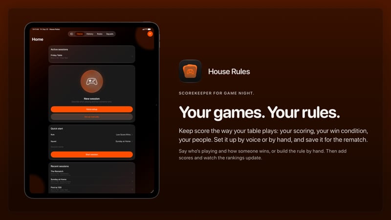 The House Rules share image, showing the app on iPad Pro 13-inch with its icon, name and headline for the Friday Table session, in the Orange tint, dark appearance.