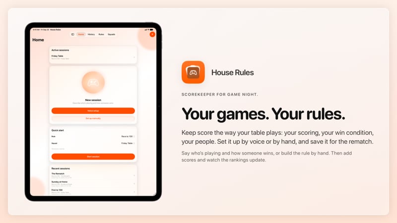 The House Rules share image, showing the app on iPad Pro 13-inch with its icon, name and headline for the Friday Table session, in the Orange tint, light appearance.