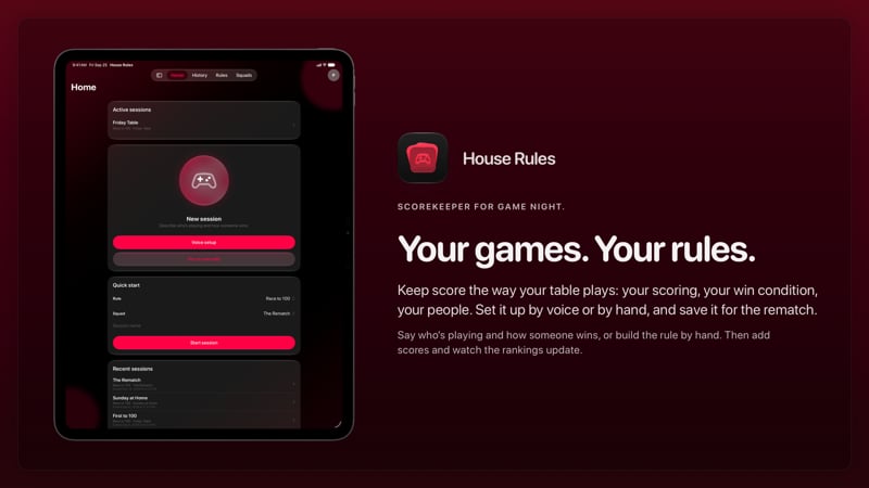 The House Rules share image, showing the app on iPad Pro 13-inch with its icon, name and headline for the Friday Table session, in the Pink tint, dark appearance.