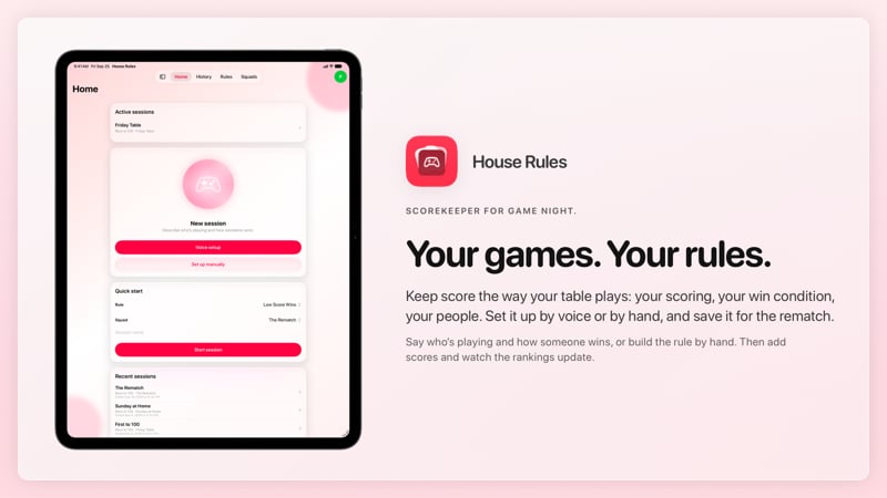 The House Rules share image, showing the app on iPad Pro 13-inch with its icon, name and headline for the Friday Table session, in the Pink tint, light appearance.