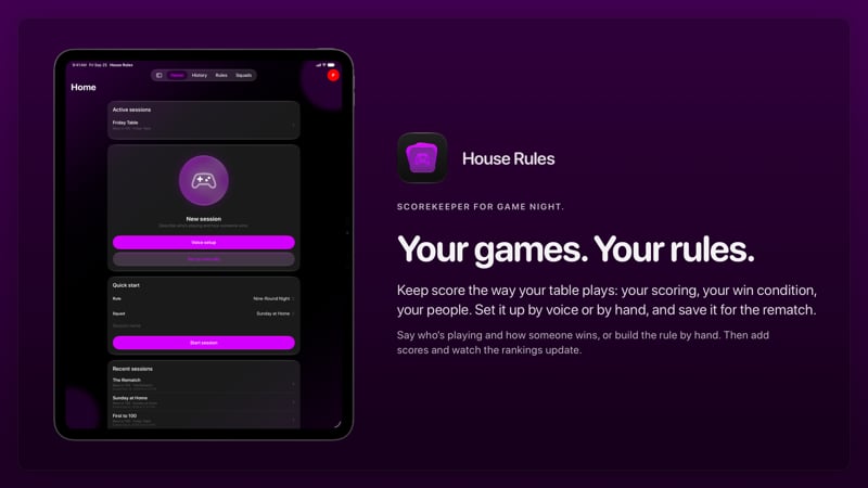 The House Rules share image, showing the app on iPad Pro 13-inch with its icon, name and headline for the Friday Table session, in the Purple tint, dark appearance.