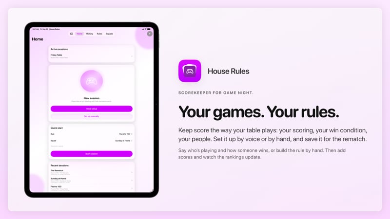 The House Rules share image, showing the app on iPad Pro 13-inch with its icon, name and headline for the Friday Table session, in the Purple tint, light appearance.