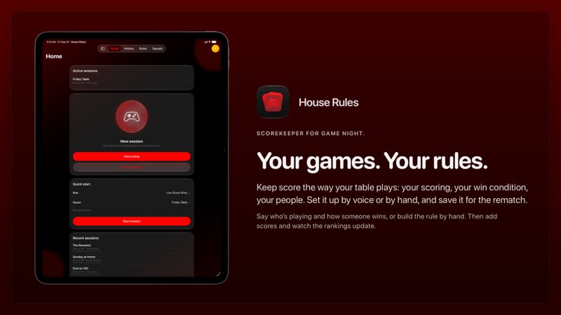 The House Rules share image, showing the app on iPad Pro 13-inch with its icon, name and headline for the Friday Table session, in the Red tint, dark appearance.