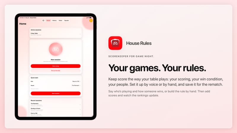 The House Rules share image, showing the app on iPad Pro 13-inch with its icon, name and headline for the Friday Table session, in the Red tint, light appearance.