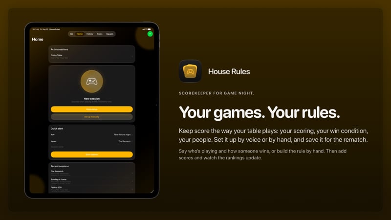 The House Rules share image, showing the app on iPad Pro 13-inch with its icon, name and headline for the Friday Table session, in the Yellow tint, dark appearance.