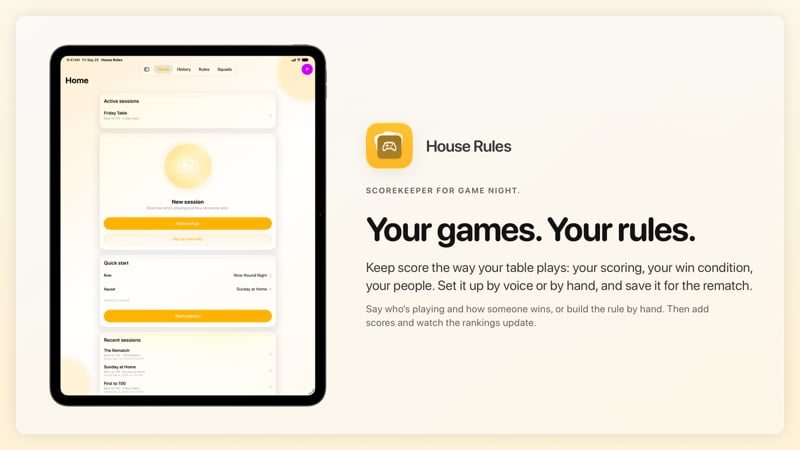 The House Rules share image, showing the app on iPad Pro 13-inch with its icon, name and headline for the Friday Table session, in the Yellow tint, light appearance.