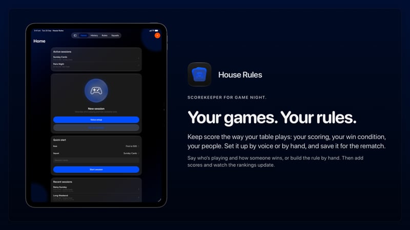The House Rules share image, showing the app on iPad Pro 13-inch with its icon, name and headline for the Sunday Cards session, in the Blue tint, dark appearance.