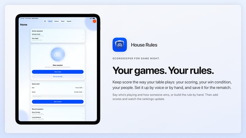 The House Rules share image, showing the app on iPad Pro 13-inch with its icon, name and headline for the Sunday Cards session, in the Blue tint, light appearance.