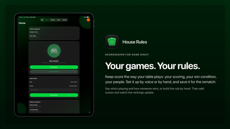 The House Rules share image, showing the app on iPad Pro 13-inch with its icon, name and headline for the Sunday Cards session, in the Green tint, dark appearance.