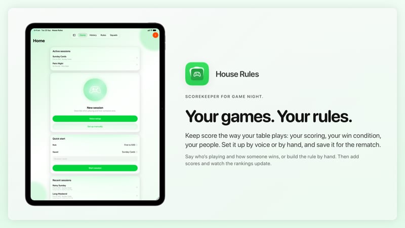 The House Rules share image, showing the app on iPad Pro 13-inch with its icon, name and headline for the Sunday Cards session, in the Green tint, light appearance.
