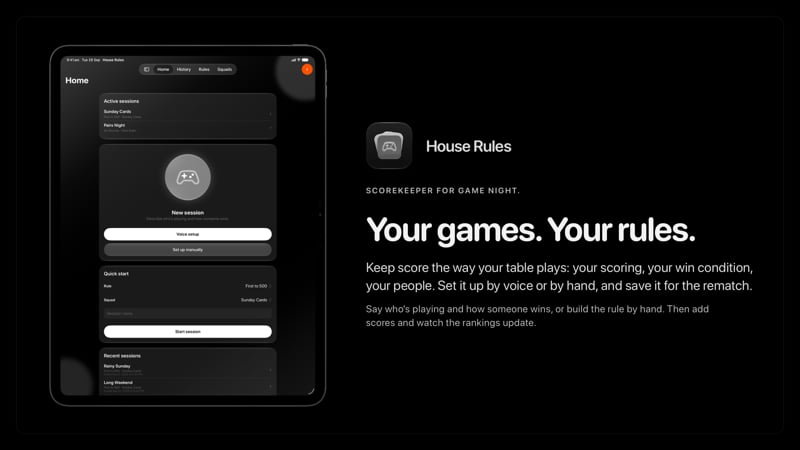 The House Rules share image, showing the app on iPad Pro 13-inch with its icon, name and headline for the Sunday Cards session, in the Grey tint, dark appearance.