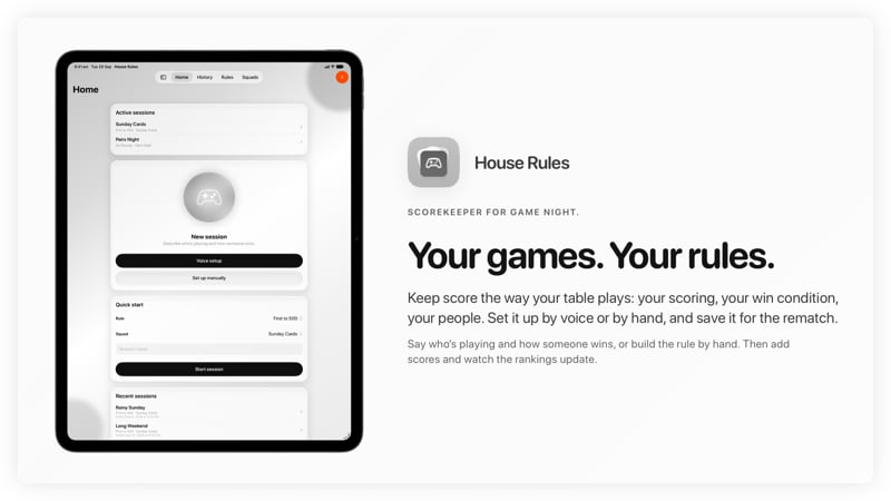 The House Rules share image, showing the app on iPad Pro 13-inch with its icon, name and headline for the Sunday Cards session, in the Grey tint, light appearance.