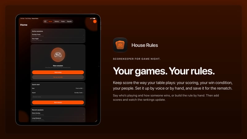 The House Rules share image, showing the app on iPad Pro 13-inch with its icon, name and headline for the Sunday Cards session, in the Orange tint, dark appearance.