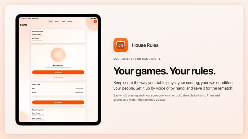 The House Rules share image, showing the app on iPad Pro 13-inch with its icon, name and headline for the Sunday Cards session, in the Orange tint, light appearance.