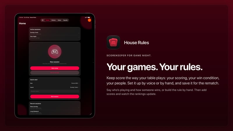 The House Rules share image, showing the app on iPad Pro 13-inch with its icon, name and headline for the Sunday Cards session, in the Pink tint, dark appearance.
