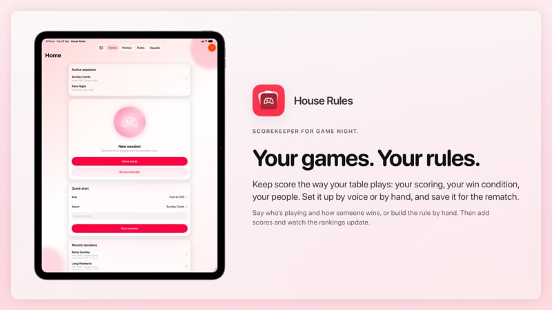 The House Rules share image, showing the app on iPad Pro 13-inch with its icon, name and headline for the Sunday Cards session, in the Pink tint, light appearance.