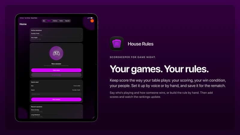 The House Rules share image, showing the app on iPad Pro 13-inch with its icon, name and headline for the Sunday Cards session, in the Purple tint, dark appearance.