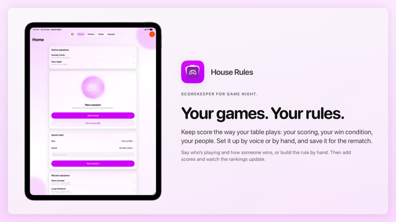 The House Rules share image, showing the app on iPad Pro 13-inch with its icon, name and headline for the Sunday Cards session, in the Purple tint, light appearance.
