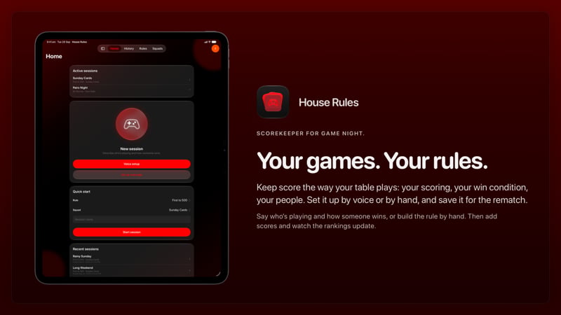 The House Rules share image, showing the app on iPad Pro 13-inch with its icon, name and headline for the Sunday Cards session, in the Red tint, dark appearance.