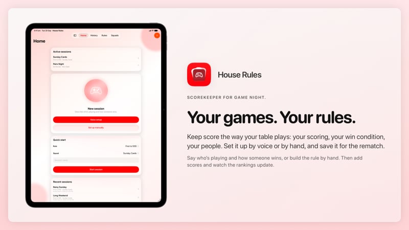 The House Rules share image, showing the app on iPad Pro 13-inch with its icon, name and headline for the Sunday Cards session, in the Red tint, light appearance.