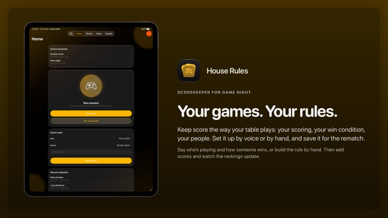 The House Rules share image, showing the app on iPad Pro 13-inch with its icon, name and headline for the Sunday Cards session, in the Yellow tint, dark appearance.
