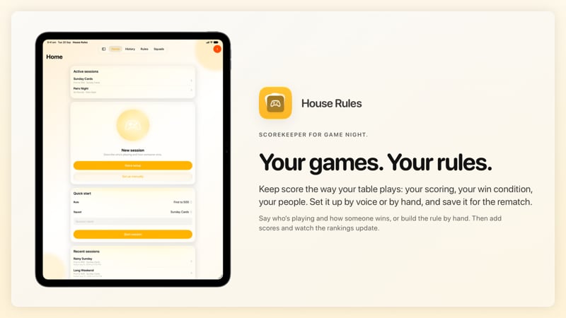 The House Rules share image, showing the app on iPad Pro 13-inch with its icon, name and headline for the Sunday Cards session, in the Yellow tint, light appearance.