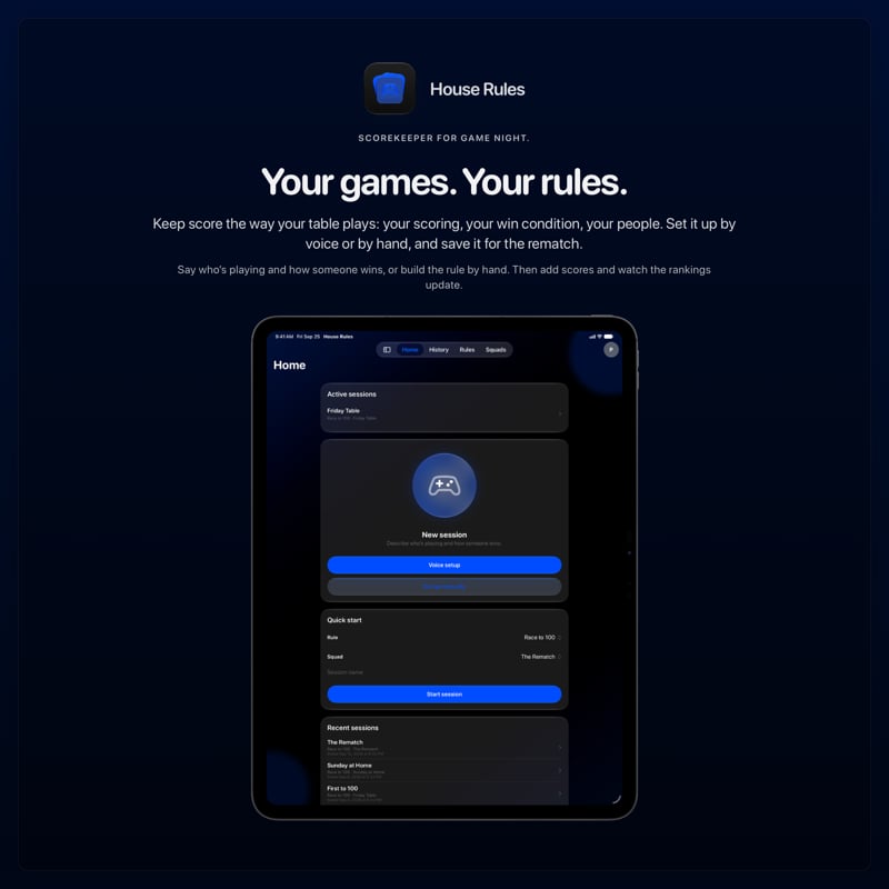 The House Rules share image, showing the app on iPad Pro 13-inch with its icon, name and headline for the Friday Table session, in the Blue tint, dark appearance.