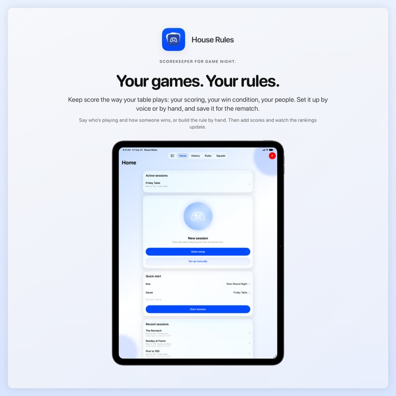 The House Rules share image, showing the app on iPad Pro 13-inch with its icon, name and headline for the Friday Table session, in the Blue tint, light appearance.