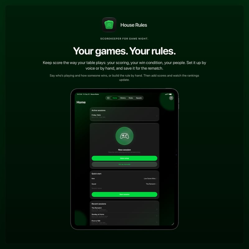 The House Rules share image, showing the app on iPad Pro 13-inch with its icon, name and headline for the Friday Table session, in the Green tint, dark appearance.