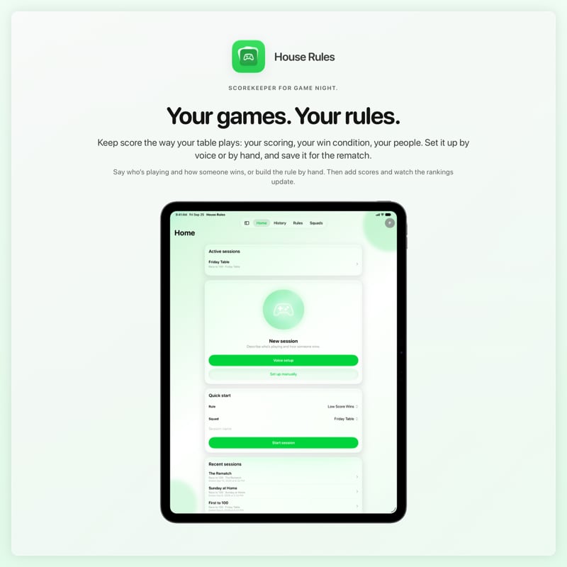 The House Rules share image, showing the app on iPad Pro 13-inch with its icon, name and headline for the Friday Table session, in the Green tint, light appearance.