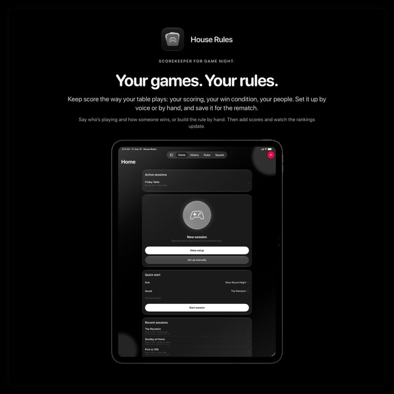The House Rules share image, showing the app on iPad Pro 13-inch with its icon, name and headline for the Friday Table session, in the Grey tint, dark appearance.