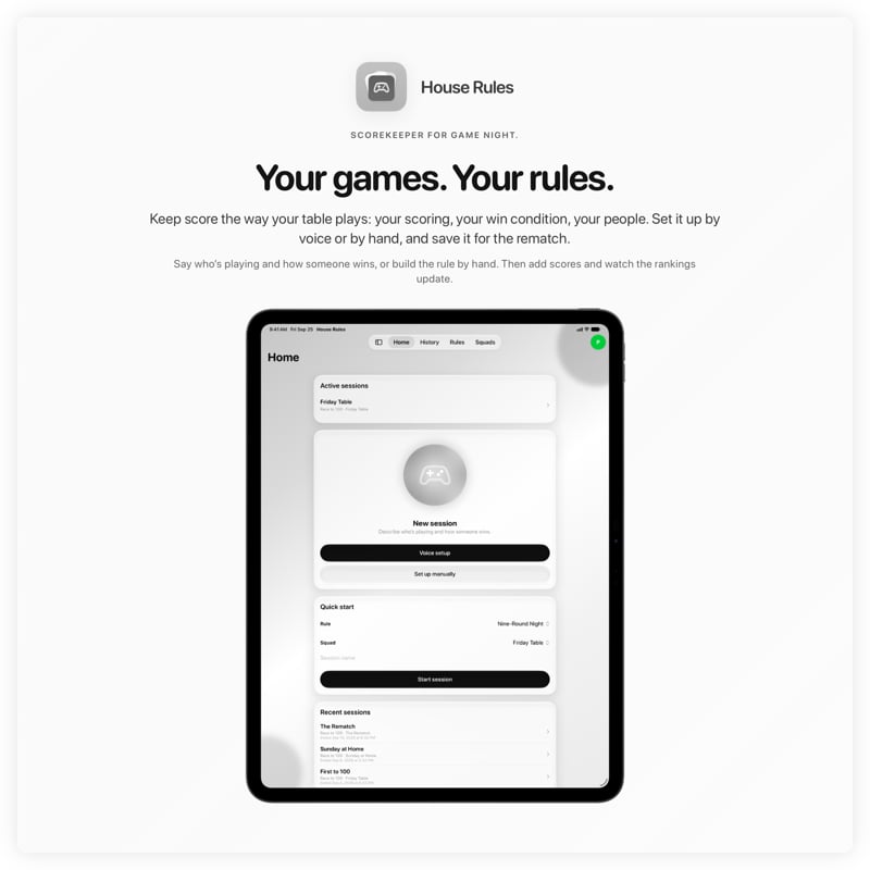 The House Rules share image, showing the app on iPad Pro 13-inch with its icon, name and headline for the Friday Table session, in the Grey tint, light appearance.