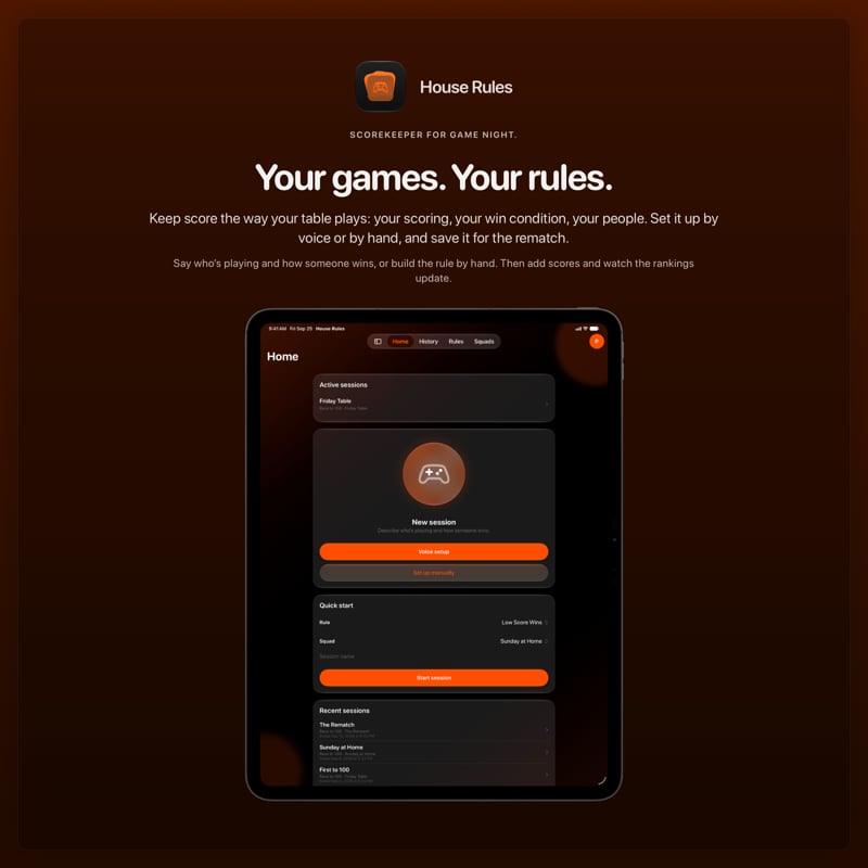 The House Rules share image, showing the app on iPad Pro 13-inch with its icon, name and headline for the Friday Table session, in the Orange tint, dark appearance.