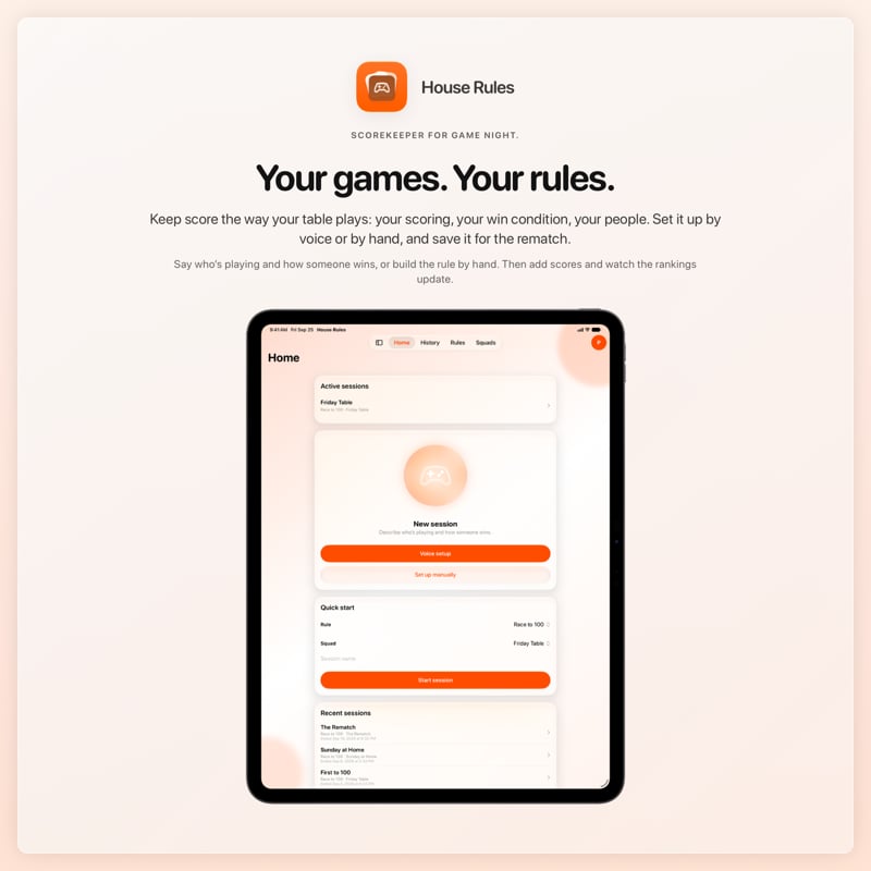 The House Rules share image, showing the app on iPad Pro 13-inch with its icon, name and headline for the Friday Table session, in the Orange tint, light appearance.