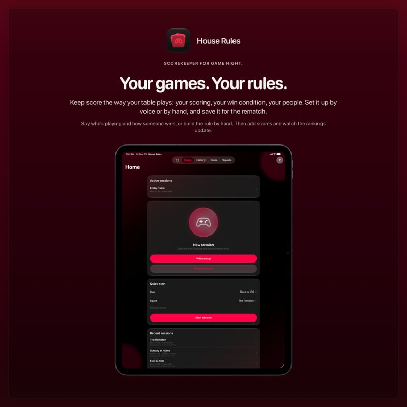 The House Rules share image, showing the app on iPad Pro 13-inch with its icon, name and headline for the Friday Table session, in the Pink tint, dark appearance.
