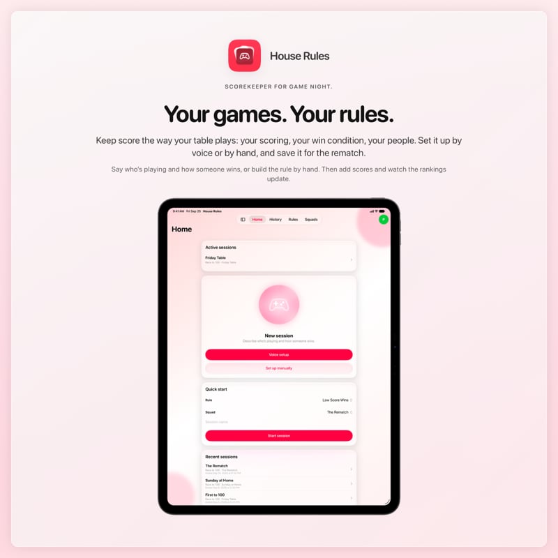 The House Rules share image, showing the app on iPad Pro 13-inch with its icon, name and headline for the Friday Table session, in the Pink tint, light appearance.