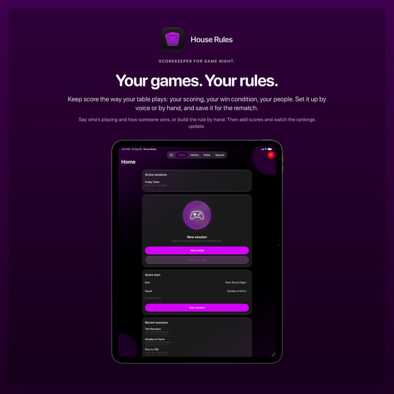 The House Rules share image, showing the app on iPad Pro 13-inch with its icon, name and headline for the Friday Table session, in the Purple tint, dark appearance.