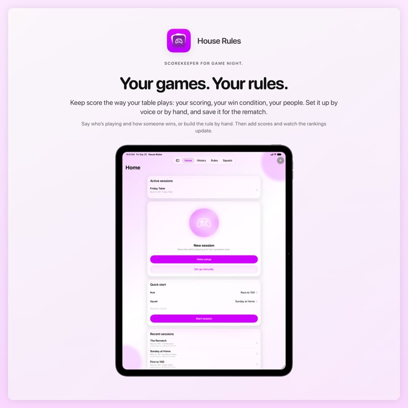 The House Rules share image, showing the app on iPad Pro 13-inch with its icon, name and headline for the Friday Table session, in the Purple tint, light appearance.