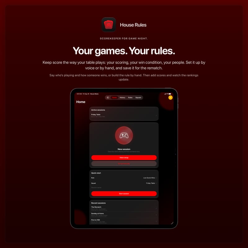 The House Rules share image, showing the app on iPad Pro 13-inch with its icon, name and headline for the Friday Table session, in the Red tint, dark appearance.