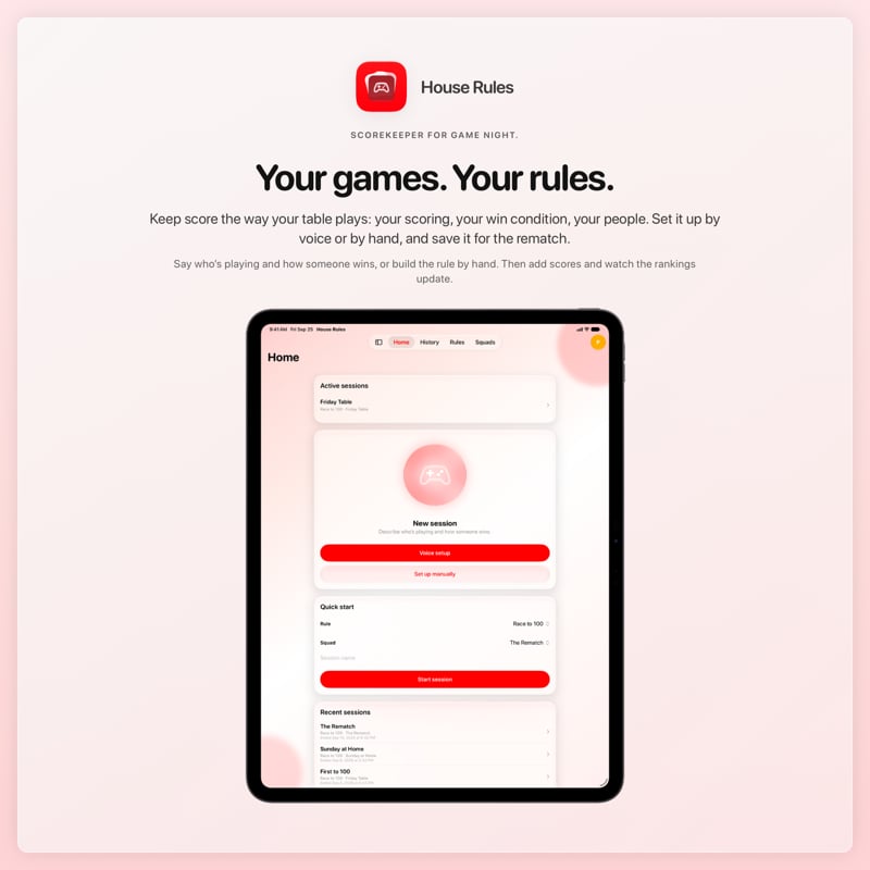 The House Rules share image, showing the app on iPad Pro 13-inch with its icon, name and headline for the Friday Table session, in the Red tint, light appearance.