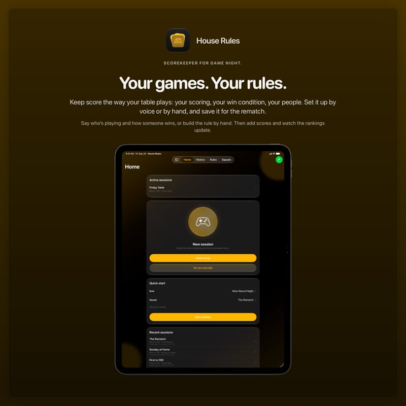 The House Rules share image, showing the app on iPad Pro 13-inch with its icon, name and headline for the Friday Table session, in the Yellow tint, dark appearance.